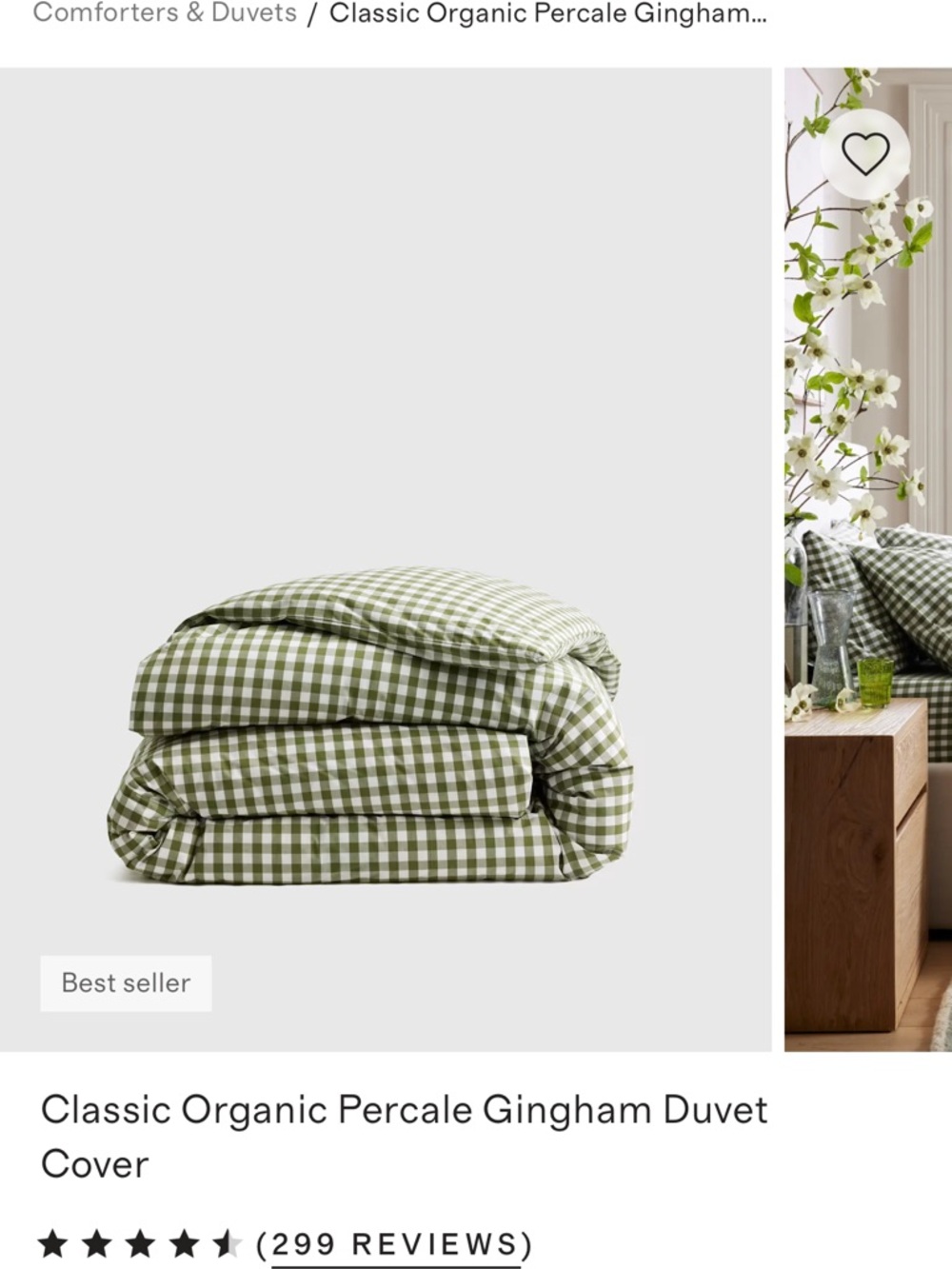 Quince Olive Green Gingham Organic Percale Duvet Cover